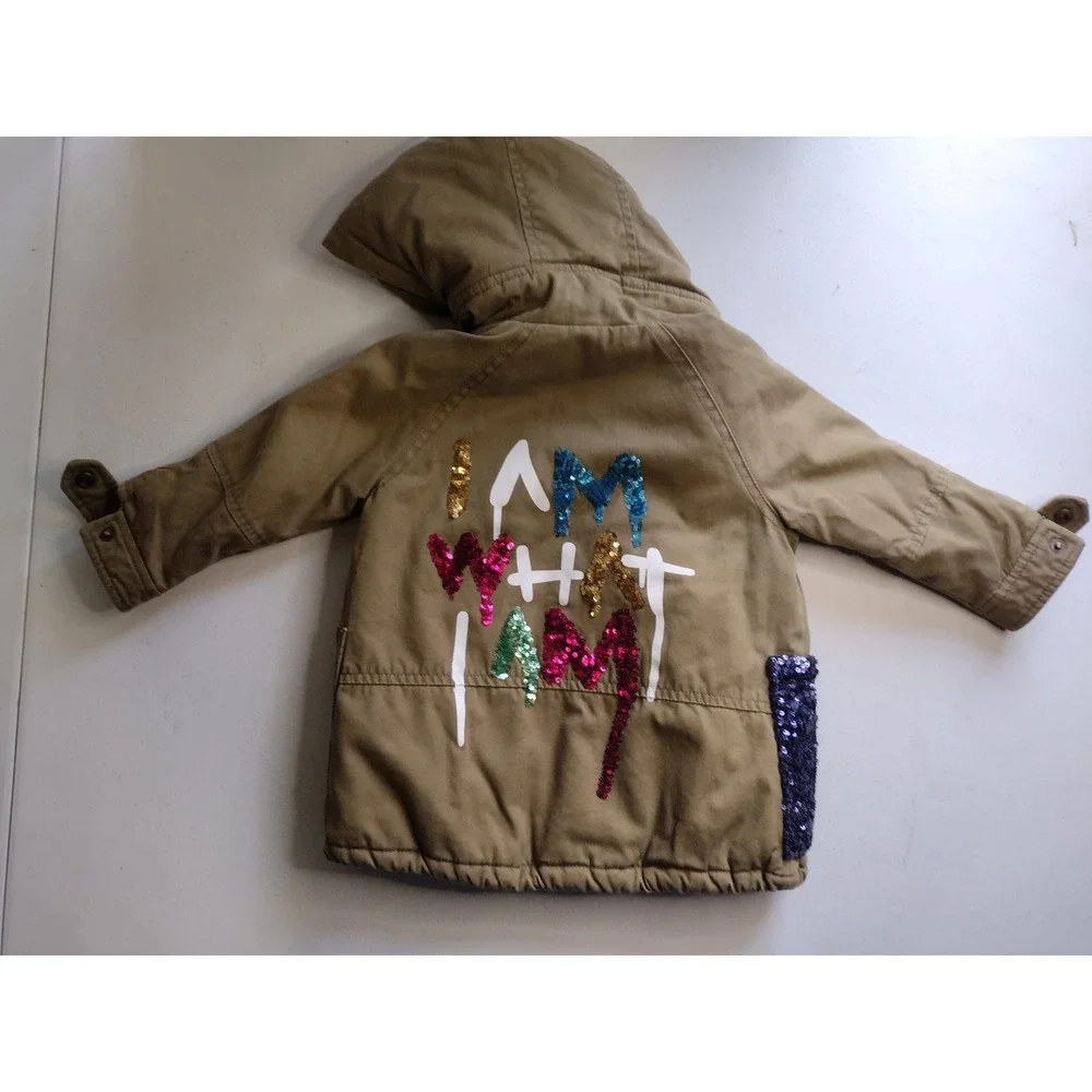 Ciao Milano Kids Girls Khaki Lined Parka Jacket Size 2‎ Sequins Patches